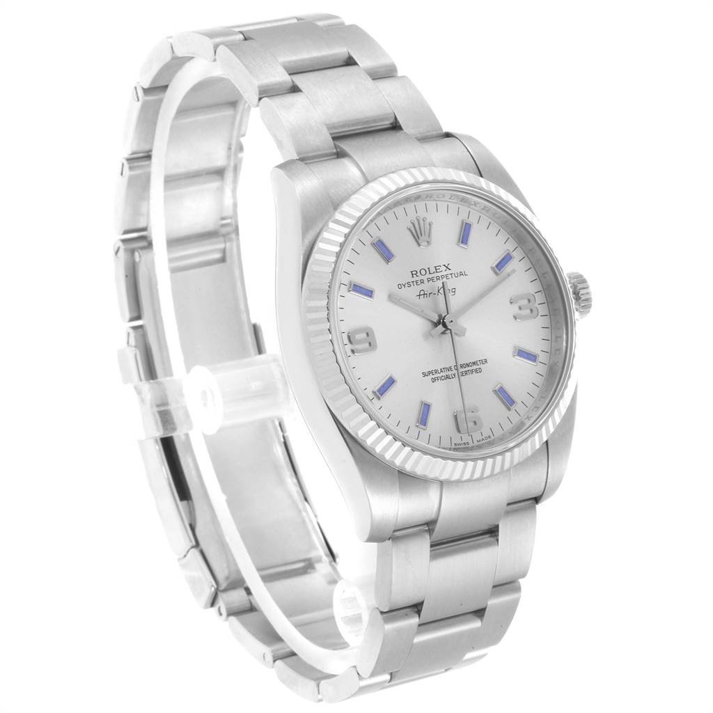 The image shows a Rolex Air-King 114234 Men's Stainless Steel Silver Dial 114234 Men's Stainless Steel Silver Dial watch at a slight front-side angle, highlighting its dial, bezel, and bracelet.