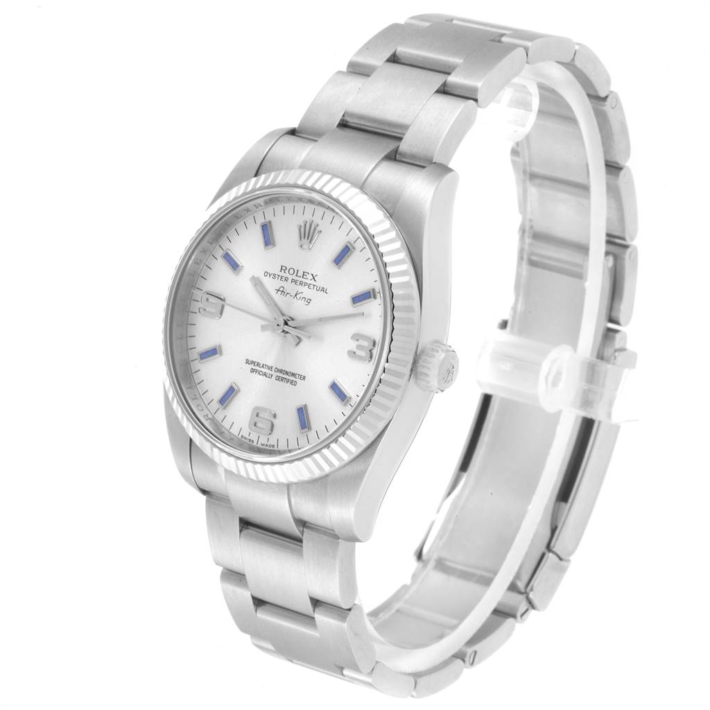 This image shows a Rolex Air-King 114234 Men's Stainless Steel Silver Dial 114234 Men's Stainless Steel Silver Dial watch at a right-front angle, highlighting the dial, bezel, and bracelet.