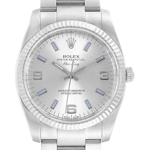 Photo of Rolex Air King Steel White Gold Blue Hour Markers Mens Watch 114234