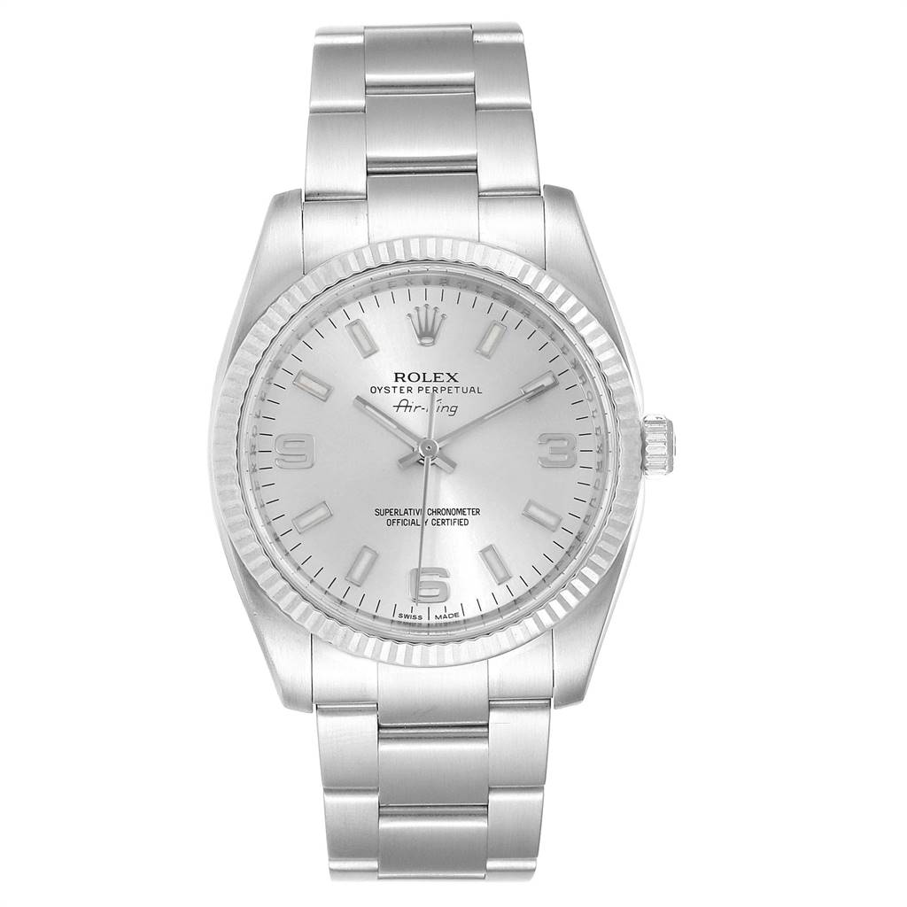 This image shows a frontal view of the Rolex Air-King 114234 Men's Stainless Steel Silver Dial 114234 Men's Stainless Steel Silver Dial watch, displaying the dial, hands, crown, bezel, bracelet, and clasp.
