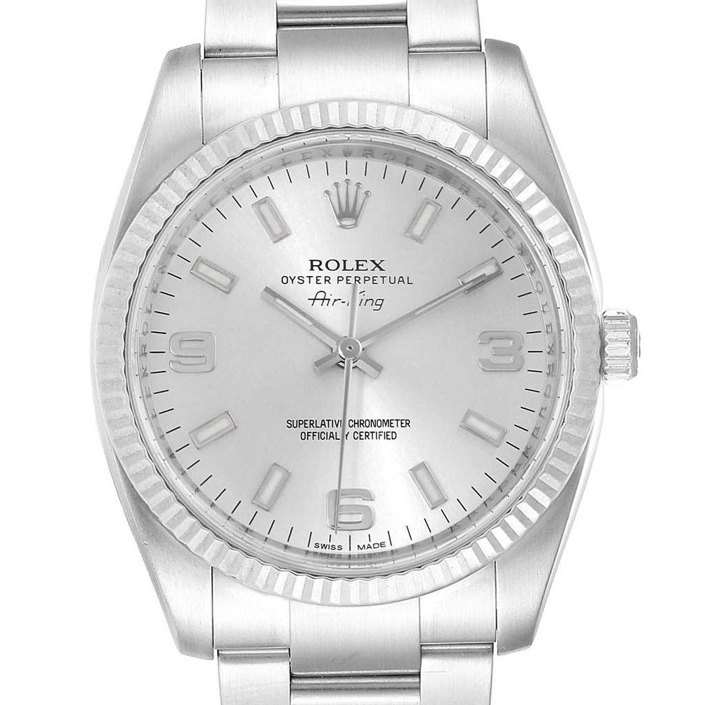 The Rolex Air-King 114234 Men's Stainless Steel Silver Dial 114234 Men's Stainless Steel Silver Dial watch is shown from a front view displaying the dial, bezel, bracelet, and crown.