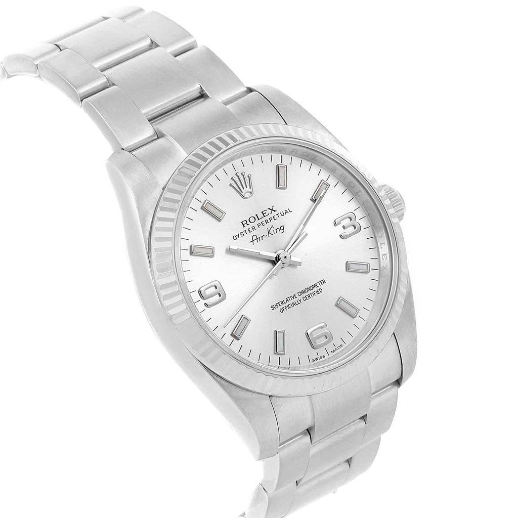 The Rolex Air-King 114234 Men's Stainless Steel Silver Dial 114234 Men's Stainless Steel Silver Dial watch is shown at an angled view, highlighting its face, bracelet, crown, and bezel.