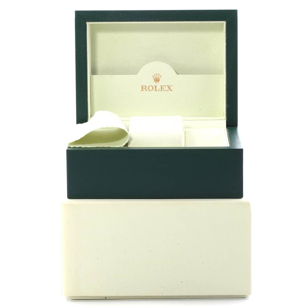 The image shows an open Rolex Air-King 114234 Men's Stainless Steel Silver Dial 114234 Men's Stainless Steel Silver Dial watch box with internal compartments and a cushioned pillow.