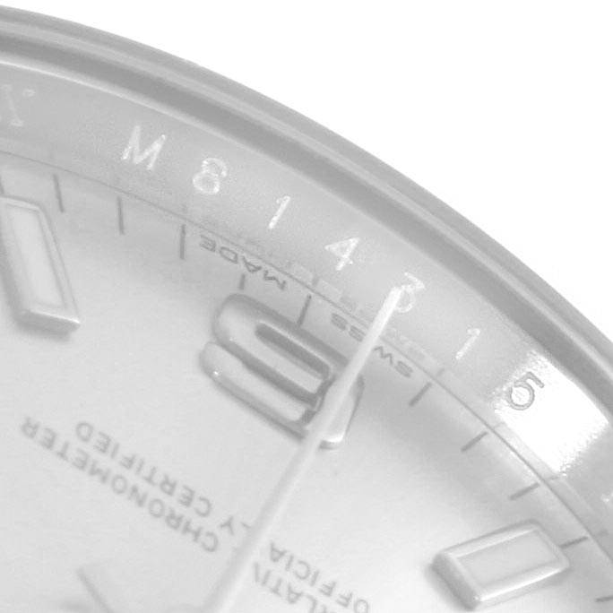 Close-up of the Rolex Air-King 114234 Men's Stainless Steel Silver Dial 114234 Men's Stainless Steel Silver Dial dial showing detailed view of the numerals and part of the minute and hour hands.