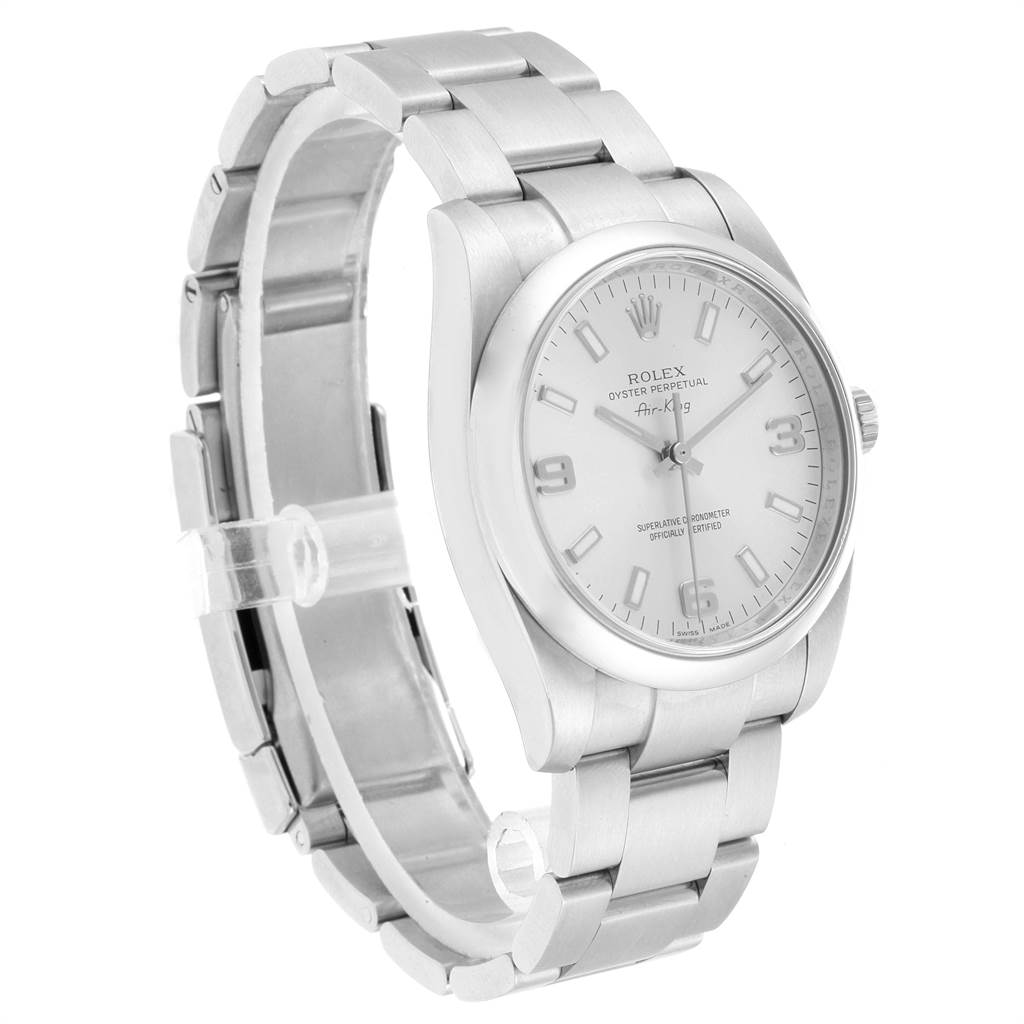 The image shows a Rolex Air-King 114200 Men's Stainless Steel Silver Dial 114200 Men's Stainless Steel Silver Dial watch at a three-quarter angle, displaying the face, bracelet, and bezel.