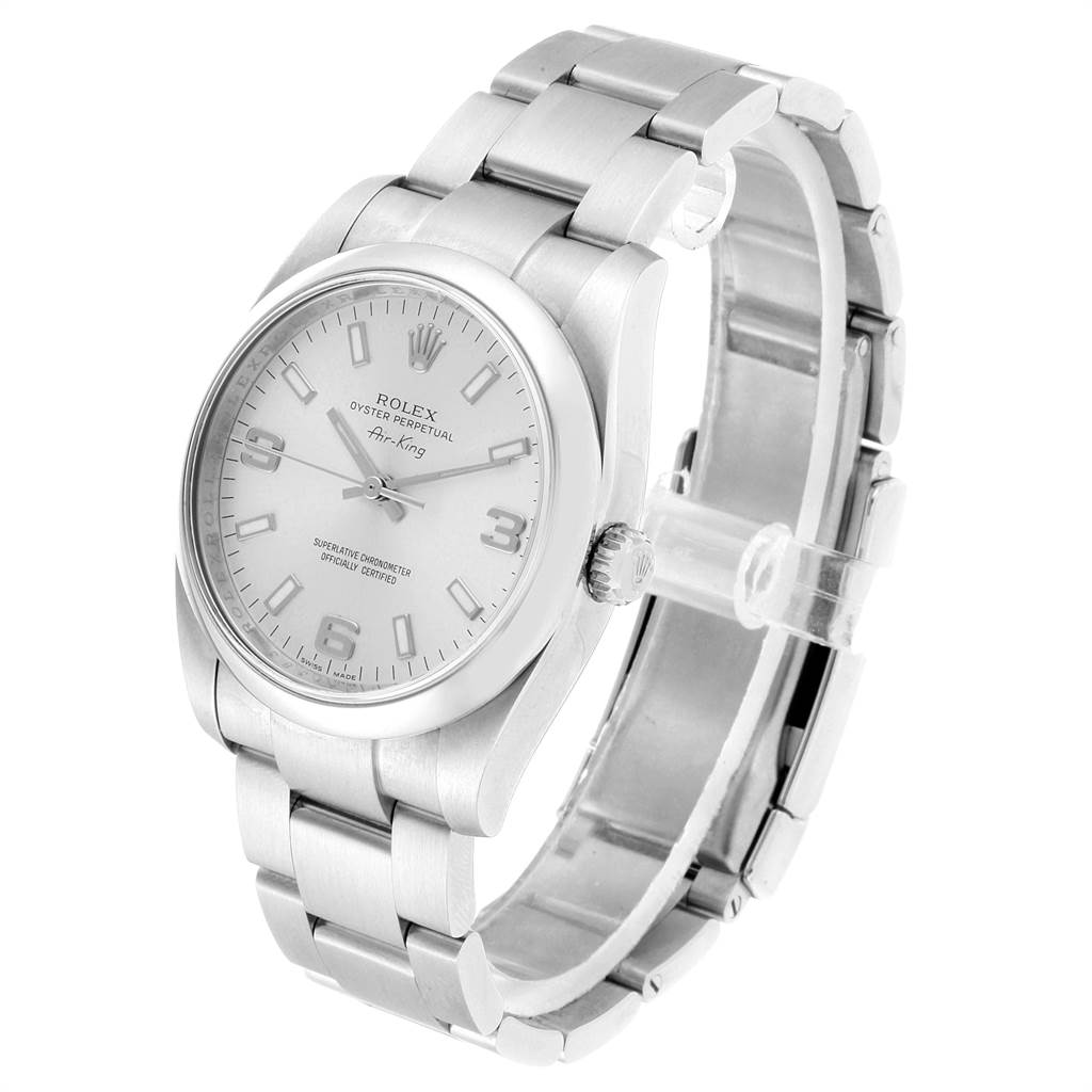 The Rolex Air-King 114200 Men's Stainless Steel Silver Dial 114200 Men's Stainless Steel Silver Dial watch is shown at an angled view, displaying the face, crown, and metal bracelet.