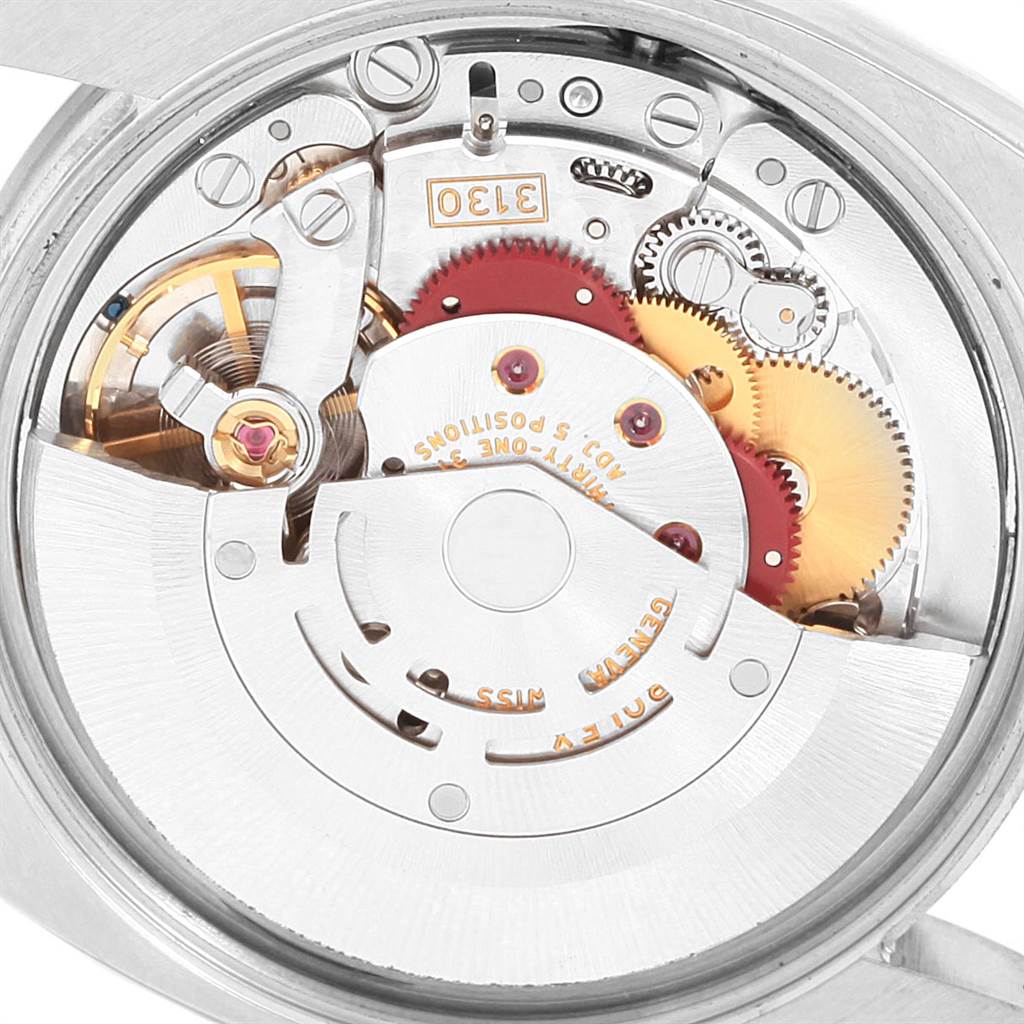 This is a close-up image showing the intricate inner mechanical movement of the Rolex Air-King 114200 Men's Stainless Steel Silver Dial 114200 Men's Stainless Steel Silver Dial watch.