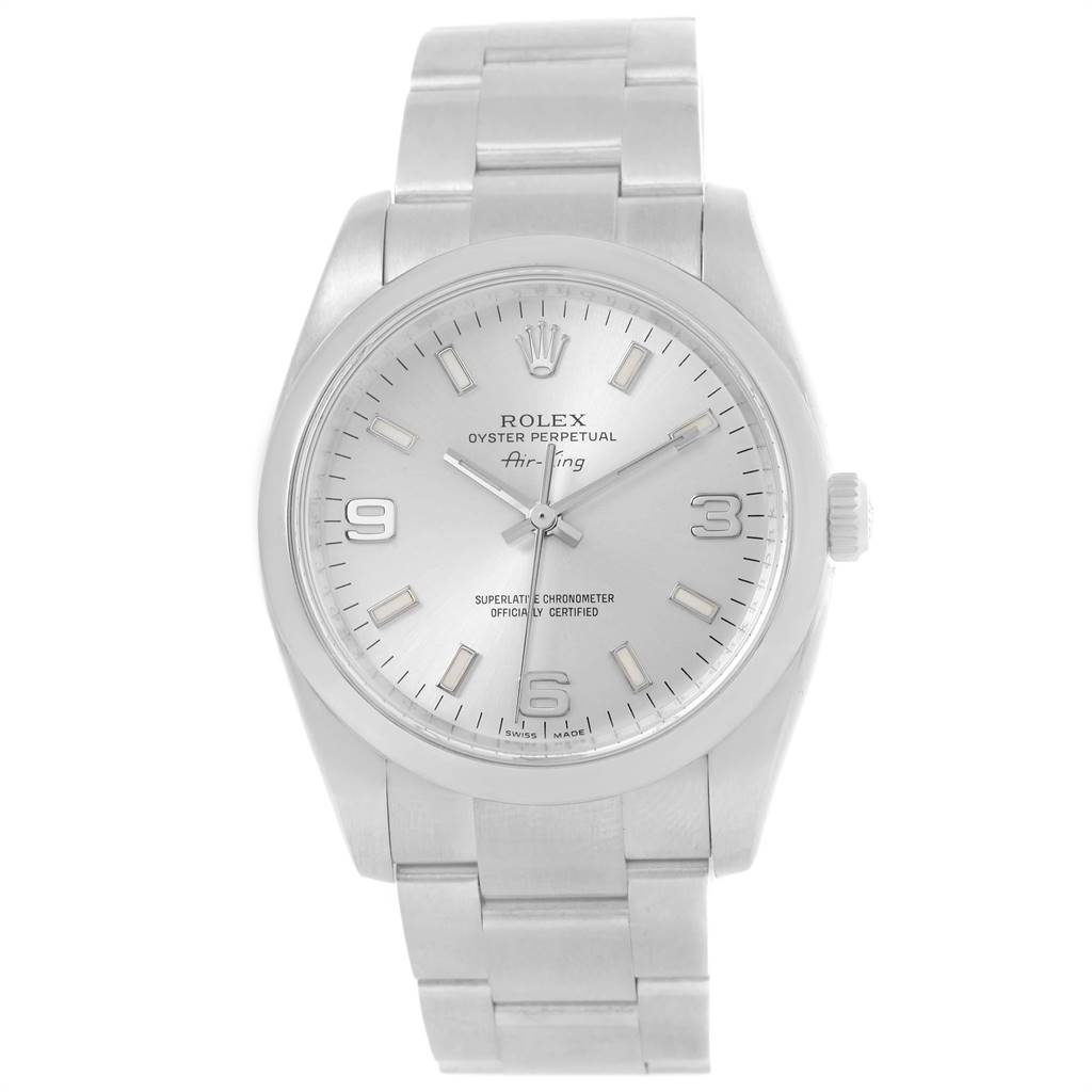 The image shows a front view of the Rolex Air-King 114200 Men's Stainless Steel Silver Dial 114200 Men's Stainless Steel Silver Dial watch, highlighting the dial, case, and bracelet.