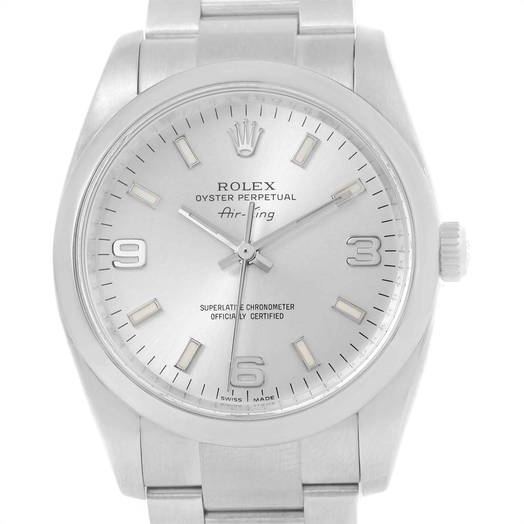 The photo shows a front view of a Rolex Air-King 114200 Men's Stainless Steel Silver Dial 114200 Men's Stainless Steel Silver Dial watch, displaying its face, bezel, crown, and part of the bracelet.