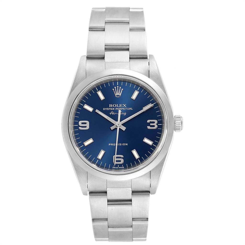 The Rolex Air-King 14000 Men's Stainless Steel Blue Dial 14000 Men's Stainless Steel Blue Dial watch is shown from a top-down angle, highlighting the face, dial, and metal bracelet.