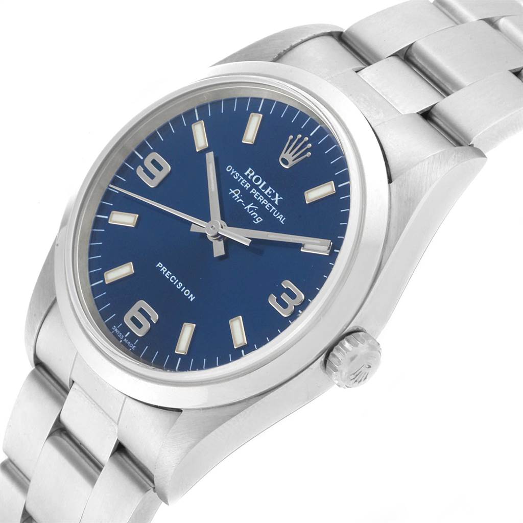 The image shows a Rolex Air-King 14000 Men's Stainless Steel Blue Dial 14000 Men's Stainless Steel Blue Dial watch from a slightly angled top view, highlighting the dial, crown, and part of the bracelet.