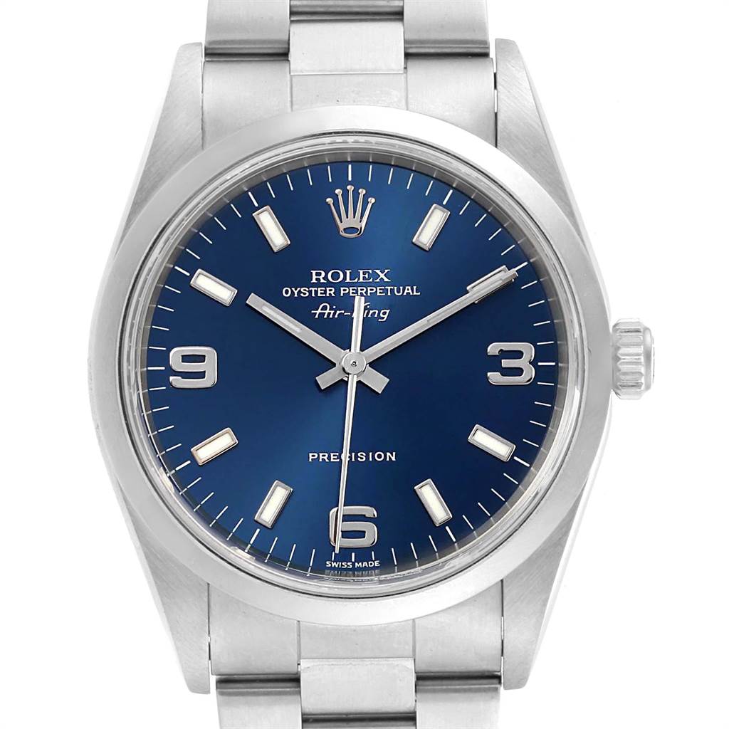 The Rolex Air-King 14000 Men's Stainless Steel Blue Dial 14000 Men's Stainless Steel Blue Dial watch is shown from a front angle, displaying the dial, crown, and bracelet.