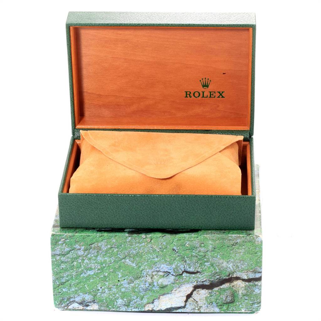 The image shows a Rolex Air-King 14000 Men's Stainless Steel Blue Dial 14000 Men's Stainless Steel Blue Dial watch box open, revealing a suede pouch inside.