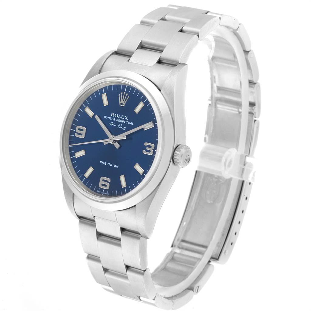 The Rolex Air-King 14000 Men's Stainless Steel Blue Dial 14000 Men's Stainless Steel Blue Dial watch is shown at a slight angle, displaying the face, crown, and bracelet.