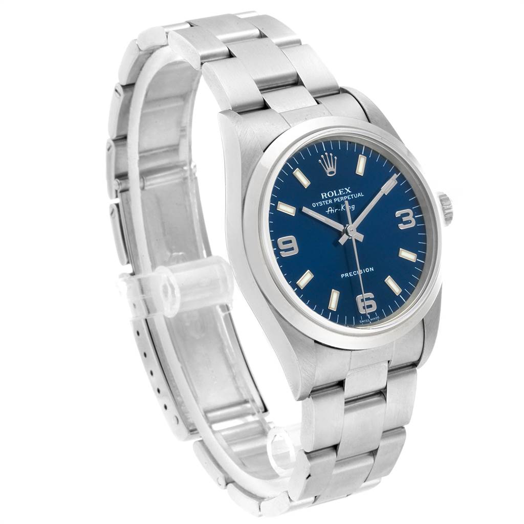 The Rolex Air-King 14000 Men's Stainless Steel Blue Dial 14000 Men's Stainless Steel Blue Dial watch is shown from a front three-quarter angle, displaying its blue dial and stainless steel bracelet.