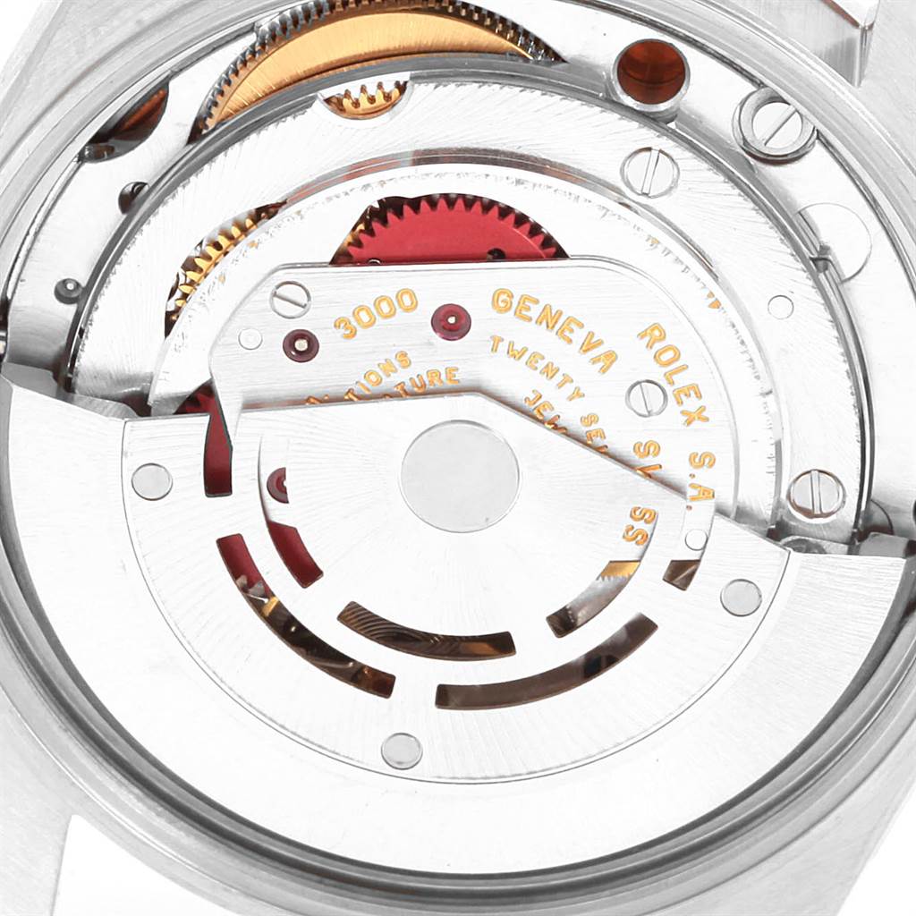 This is a close-up view of the movement mechanism inside the Rolex Air-King 14000 Men's Stainless Steel Blue Dial 14000 Men's Stainless Steel Blue Dial model watch.