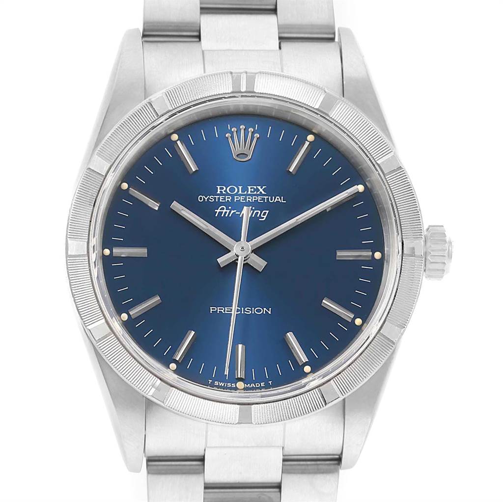 The image shows a front view of the Rolex Air-King 14010 Men's Stainless Steel Blue Dial 14010 Men's Stainless Steel Blue Dial watch displaying the dial, hands, markers, crown, and part of the bracelet.