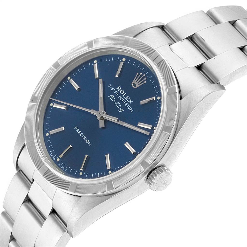 The image shows a side-angle view of the Rolex Air-King 14010 Men's Stainless Steel Blue Dial 14010 Men's Stainless Steel Blue Dial watch, featuring its blue dial, crown, and stainless steel bracelet.