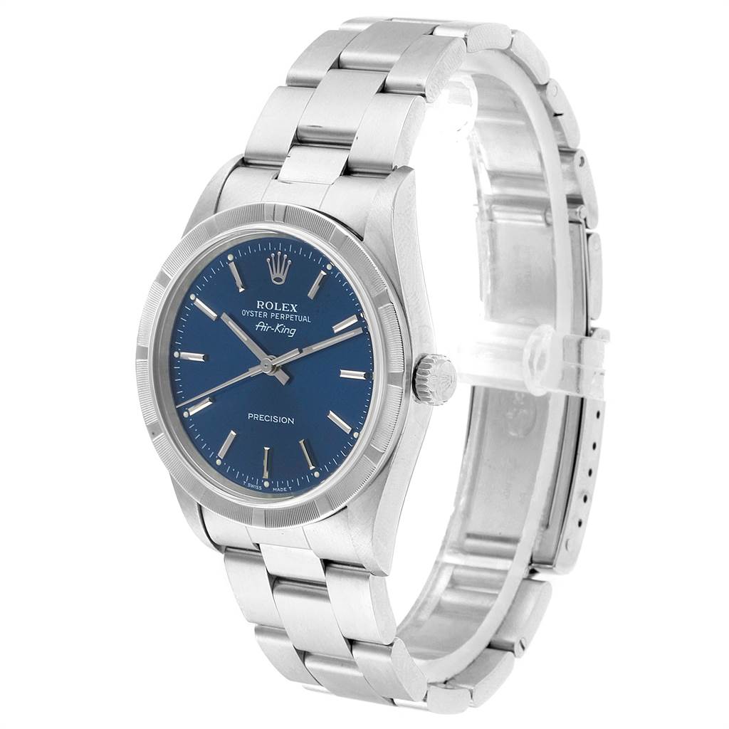This image shows a Rolex Air-King 14010 Men's Stainless Steel Blue Dial 14010 Men's Stainless Steel Blue Dial watch at a slight angle, featuring its blue dial, case, and stainless steel bracelet.
