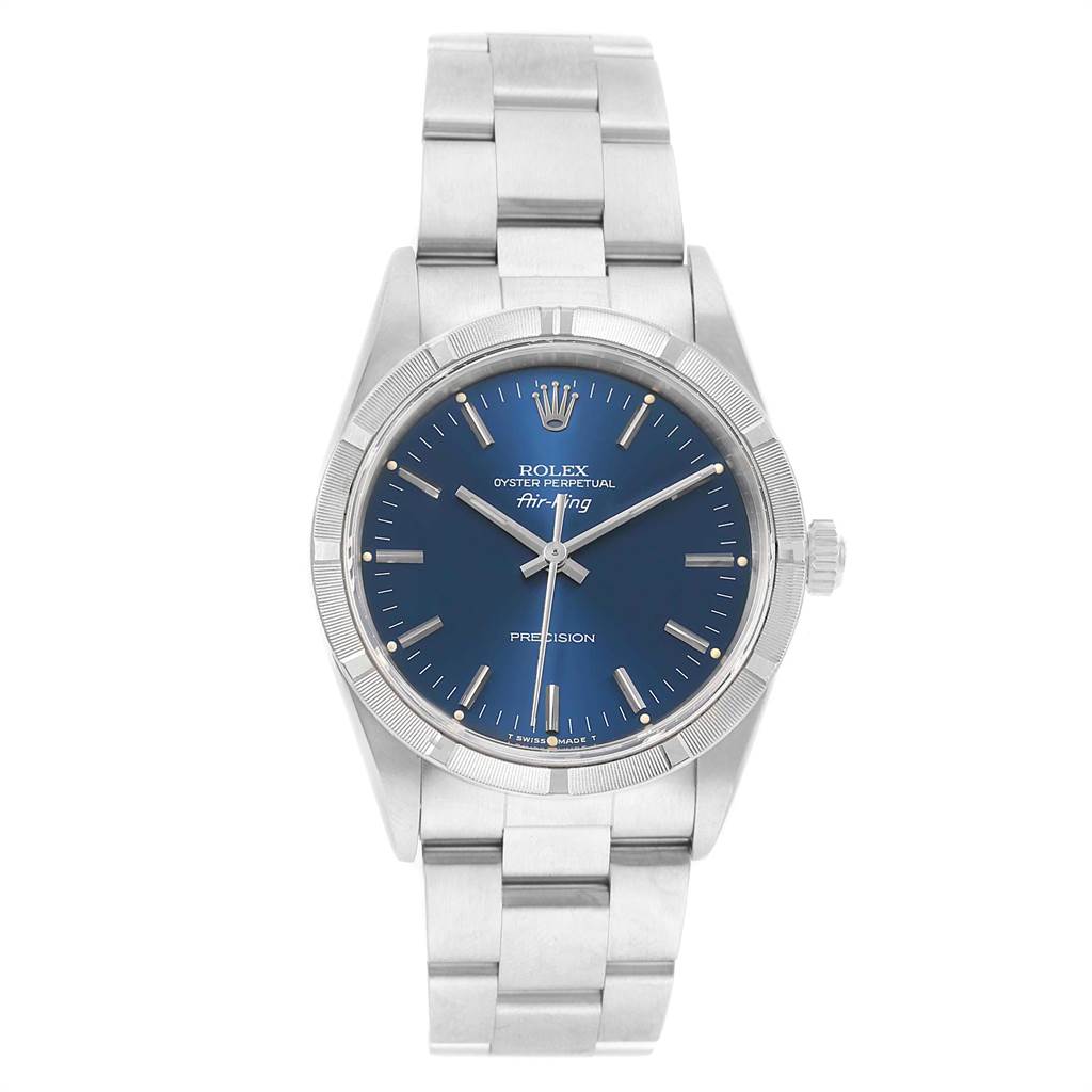 The image shows a front view of a Rolex Air-King 14010 Men's Stainless Steel Blue Dial 14010 Men's Stainless Steel Blue Dial watch, featuring its dial, bezel, bracelet, and crown.