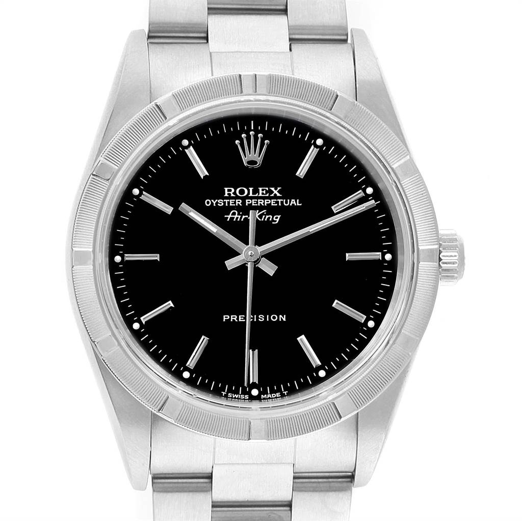The image shows a direct front view of the Rolex Air-King 14010 Men's Stainless Steel Black Dial 14010 Men's Stainless Steel Black Dial watch, displaying the dial, hour markers, hands, and crown.