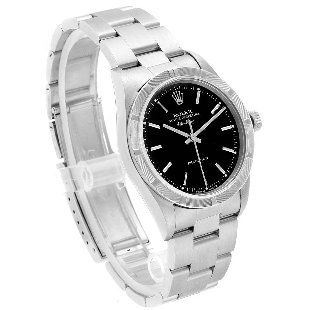 The image shows a Rolex Air-King 14010 Men's Stainless Steel Black Dial 14010 Men's Stainless Steel Black Dial watch angled slightly from the side, highlighting the case, dial, bezel, and bracelet.