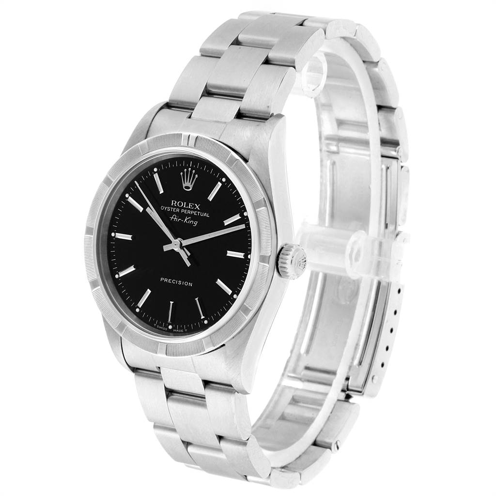 The Rolex Air-King 14010 Men's Stainless Steel Black Dial 14010 Men's Stainless Steel Black Dial watch is shown at a slight angle, displaying its face, bezel, crown, and bracelet.