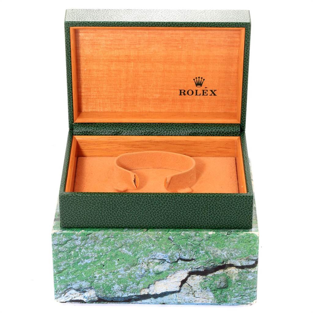 This image shows an open Rolex Air-King 14010 Men's Stainless Steel Black Dial 14010 Men's Stainless Steel Black Dial watch box with the inside cushion holder displayed at a straight-on angle.