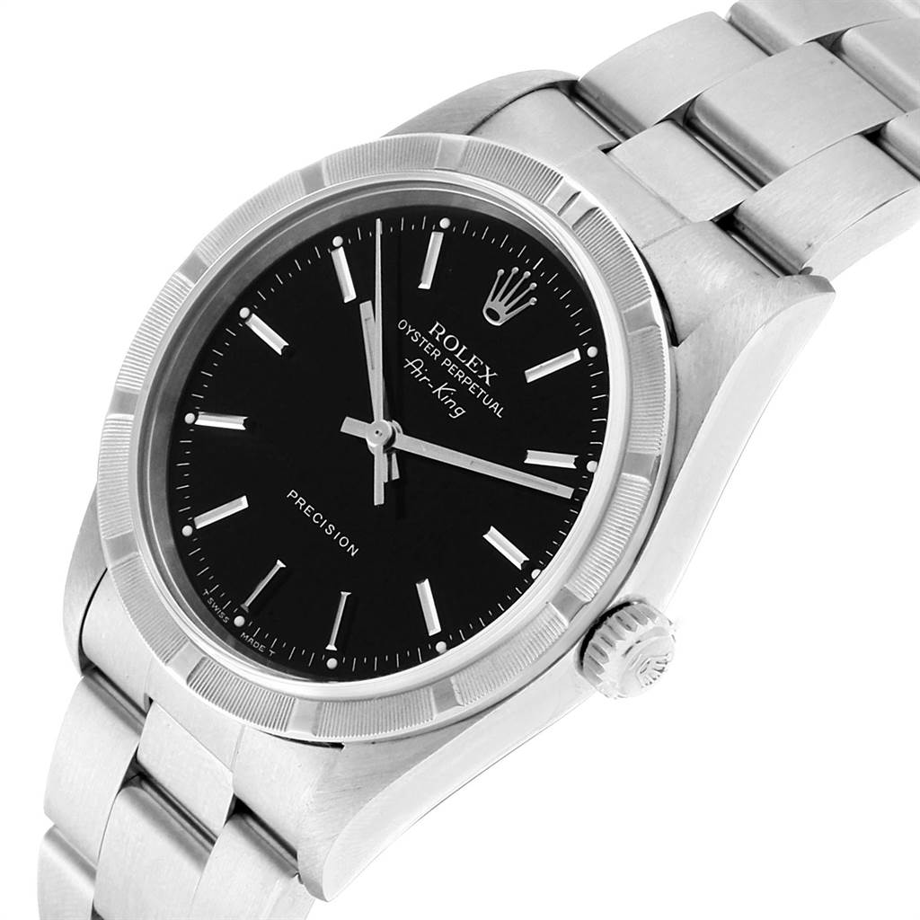 The Rolex Air-King 14010 Men's Stainless Steel Black Dial 14010 Men's Stainless Steel Black Dial is shown at a 3/4 angle, highlighting the case, crown, bracelet, and black dial.