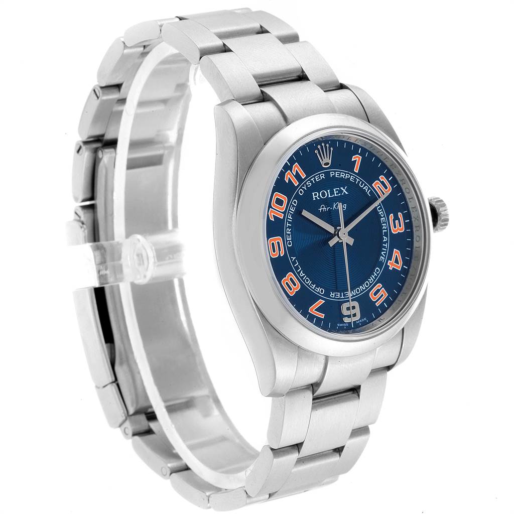 The image shows a side-angle view of the Rolex Air-King 114200 Men's Stainless Steel Blue Dial 114200 Men's Stainless Steel Blue Dial watch, highlighting its full band and blue dial.