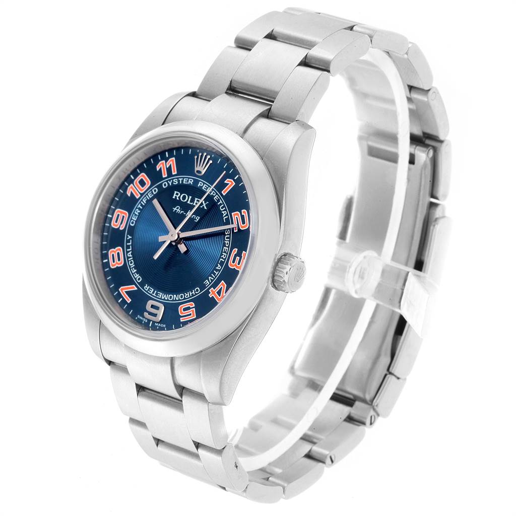 The image shows a Rolex Air-King 114200 Men's Stainless Steel Blue Dial 114200 Men's Stainless Steel Blue Dial watch at a three-quarter angle, highlighting its face, crown, and bracelet.