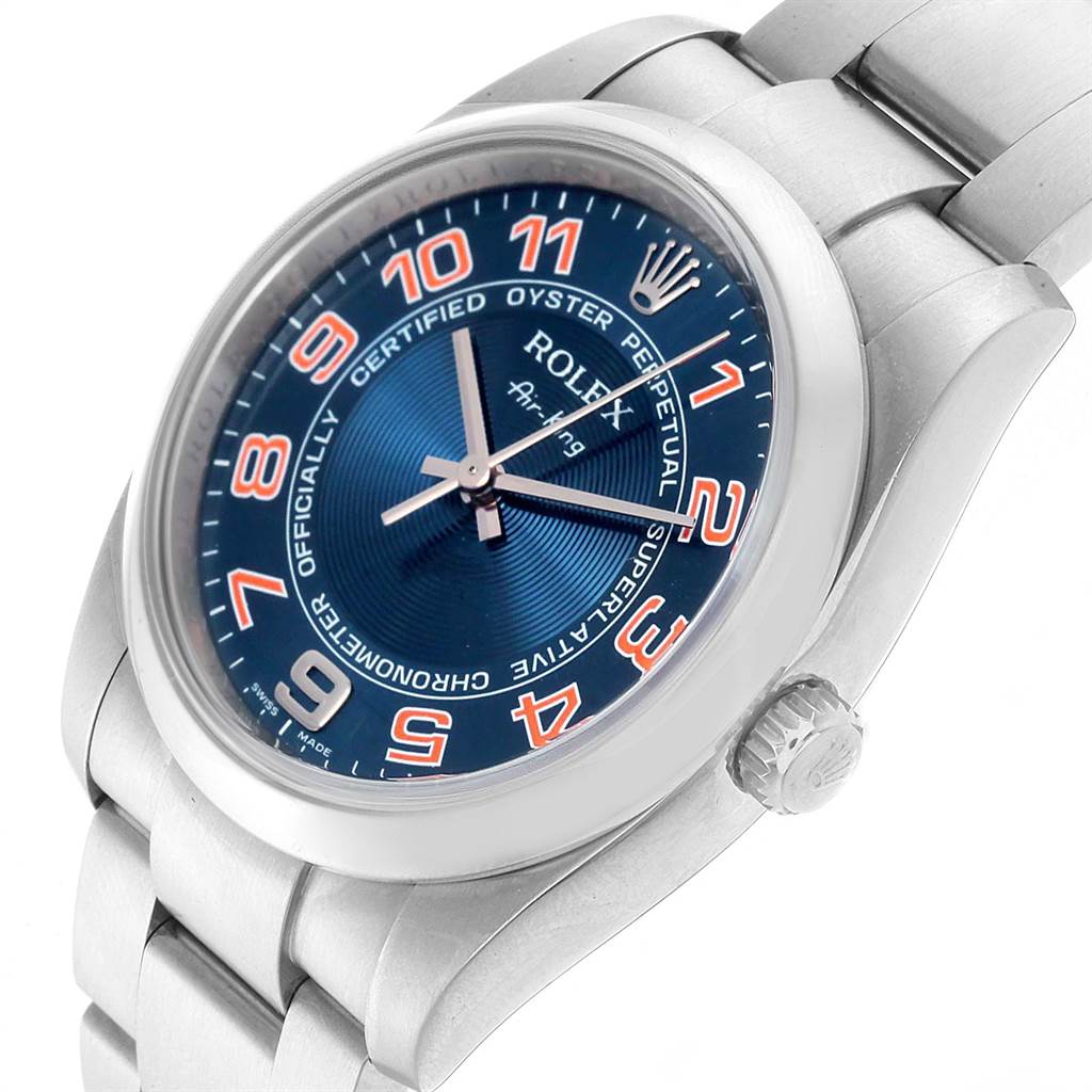 This image shows a Rolex Air-King 114200 Men's Stainless Steel Blue Dial 114200 Men's Stainless Steel Blue Dial watch from a 3/4 angle, highlighting the dial, crown, and part of the bracelet.