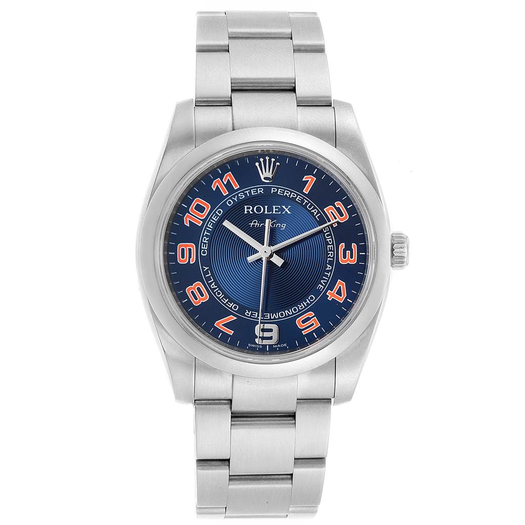 This image shows a front view of a Rolex Air-King 114200 Men's Stainless Steel Blue Dial 114200 Men's Stainless Steel Blue Dial watch, displaying its full face and bracelet.