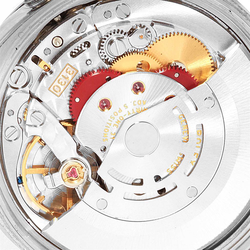 The image shows the inner mechanical components and movement details of the Rolex Air-King 114200 Men's Stainless Steel Blue Dial 114200 Men's Stainless Steel Blue Dial watch at a close-up angle.