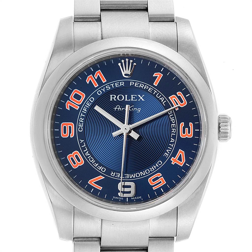 The image shows a front view of a Rolex Air-King 114200 Men's Stainless Steel Blue Dial 114200 Men's Stainless Steel Blue Dial watch, highlighting its dial, hands, crown, and part of the bracelet.