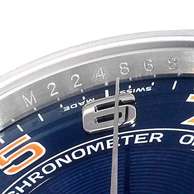 This close-up angle shows part of the bezel, dial, and hand of a Rolex Air-King 114200 Men's Stainless Steel Blue Dial 114200 Men's Stainless Steel Blue Dial watch, including the "Chronometer" text.