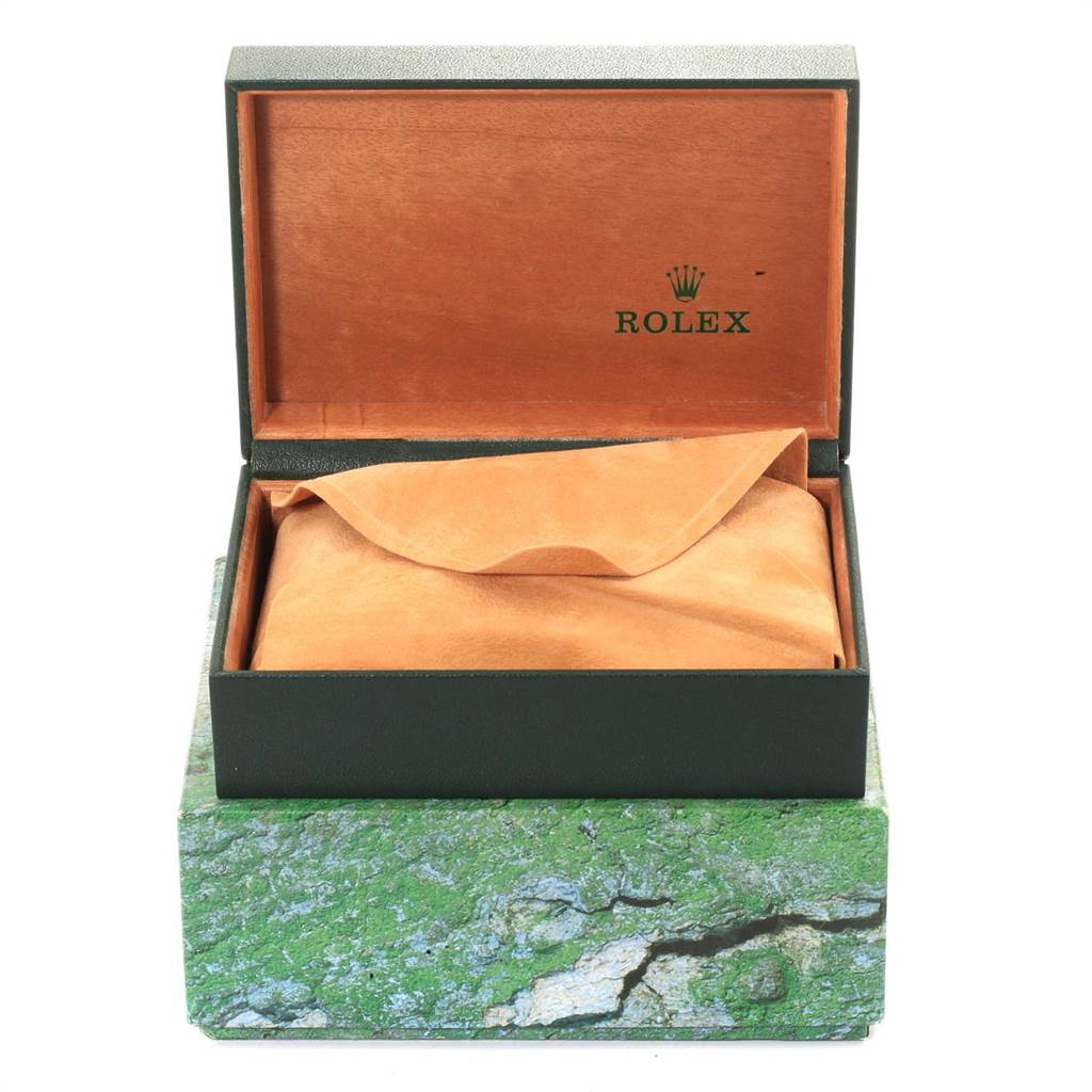 The image shows an open Rolex Air-King 14010 Men's Stainless Steel White Dial 14010 Men's Stainless Steel White Dial box with a protective suede pouch inside.