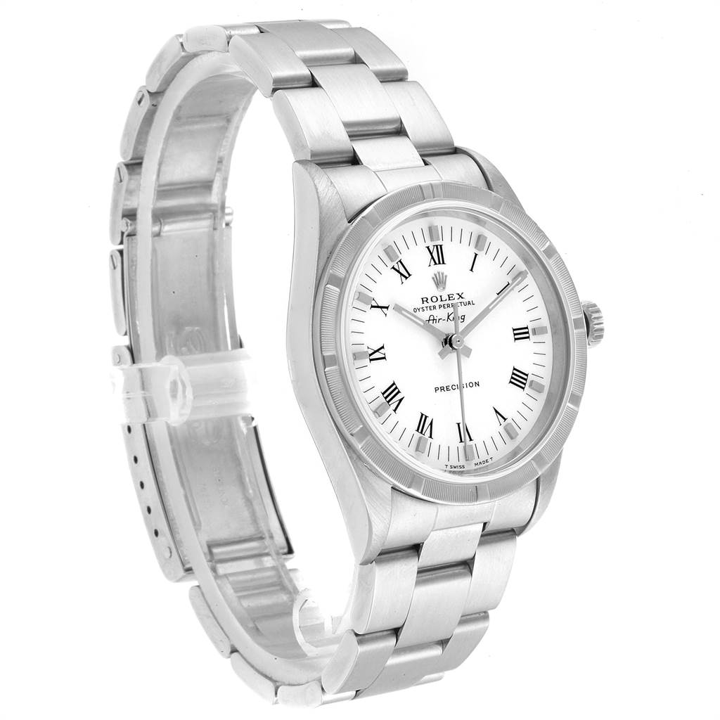 The image shows a side-view angle of the Rolex Air-King 14010 Men's Stainless Steel White Dial 14010 Men's Stainless Steel White Dial watch, showcasing its bracelet, case, and dial.