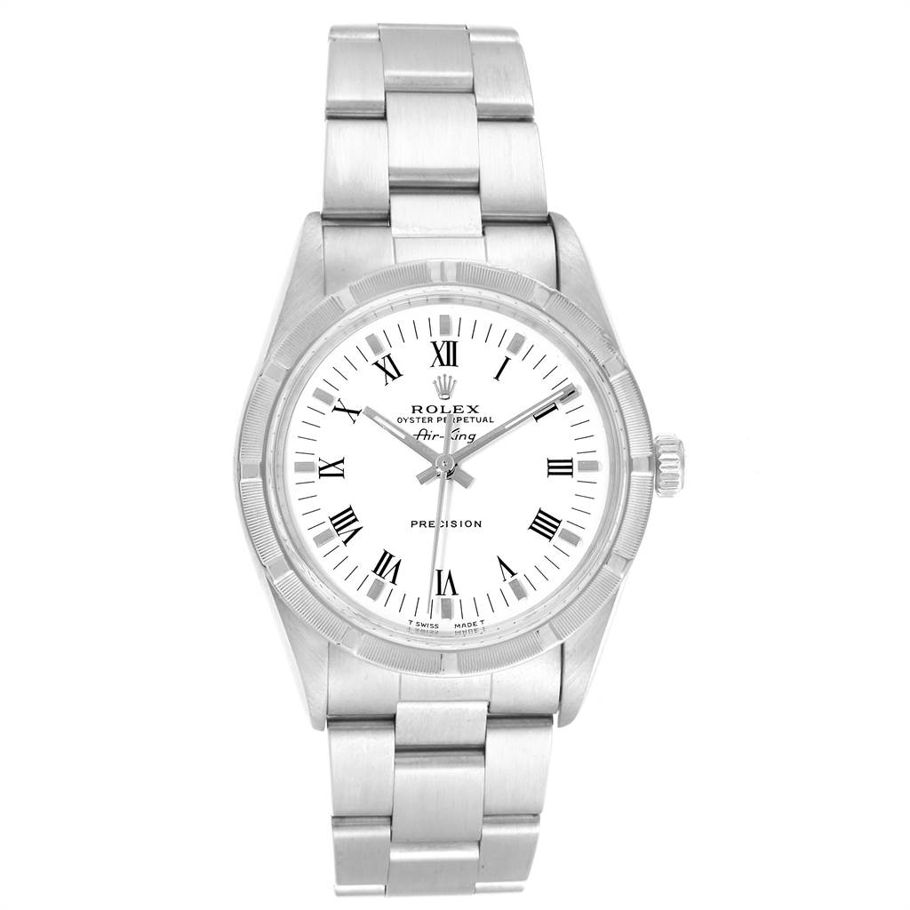 The image shows a front view of the Rolex Air-King 14010 Men's Stainless Steel White Dial 14010 Men's Stainless Steel White Dial watch, showcasing its face, bezel, and bracelet.