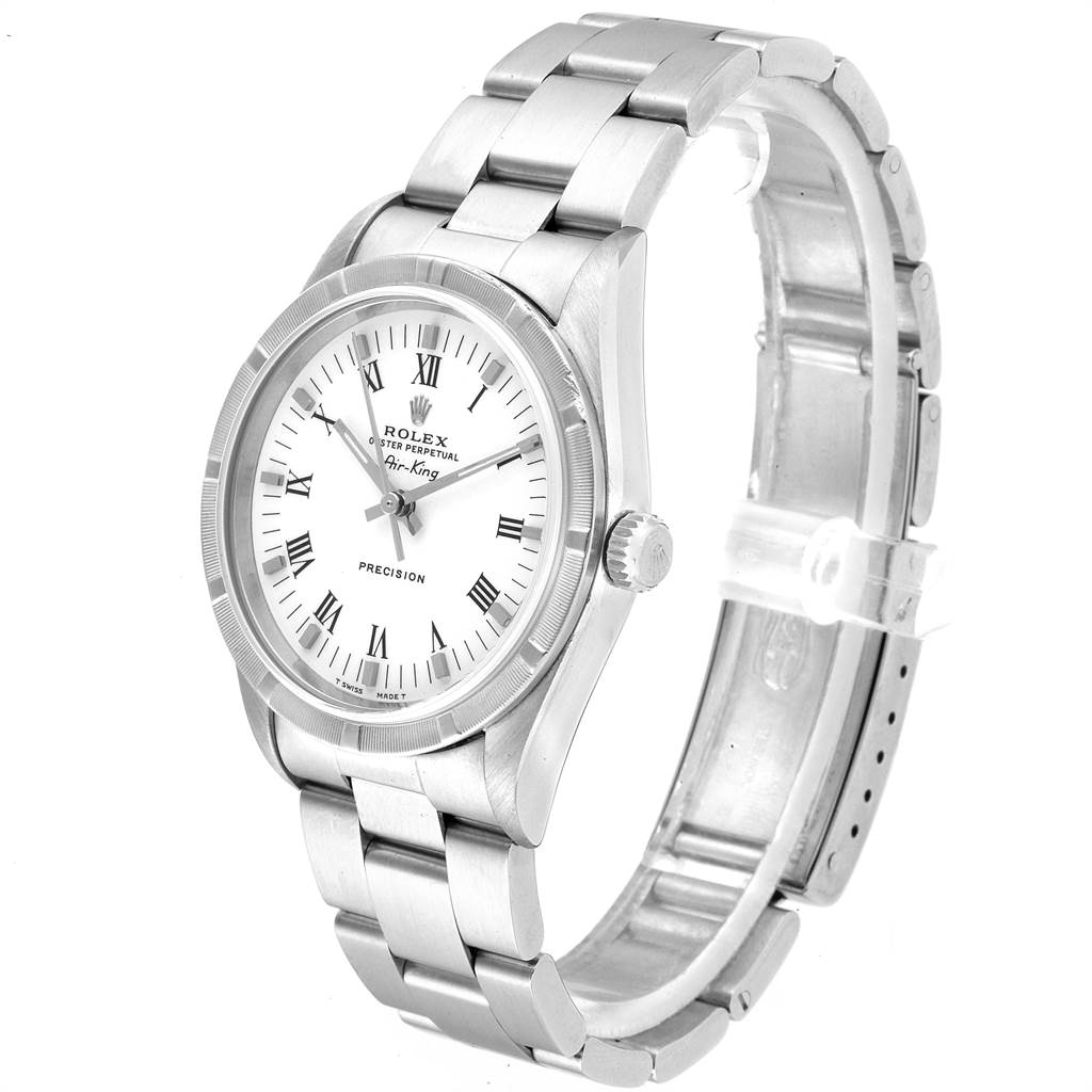 The Rolex Air-King 14010 Men's Stainless Steel White Dial 14010 Men's Stainless Steel White Dial watch is shown at a slight angle, clearly displaying the face, crown, and metal bracelet.