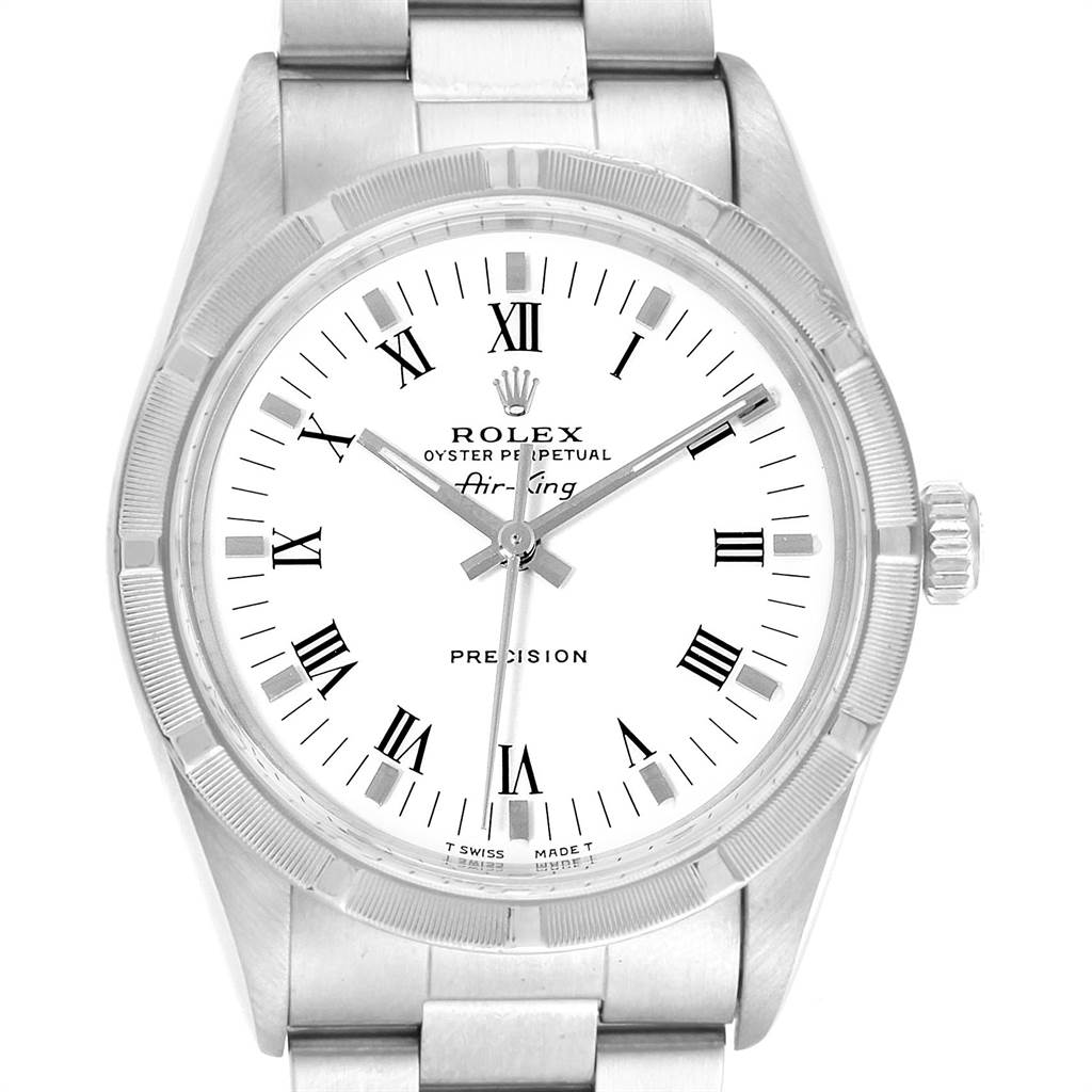 The image displays a front view of a Rolex Air-King 14010 Men's Stainless Steel White Dial 14010 Men's Stainless Steel White Dial watch, showing its face, bezel, and part of its bracelet.