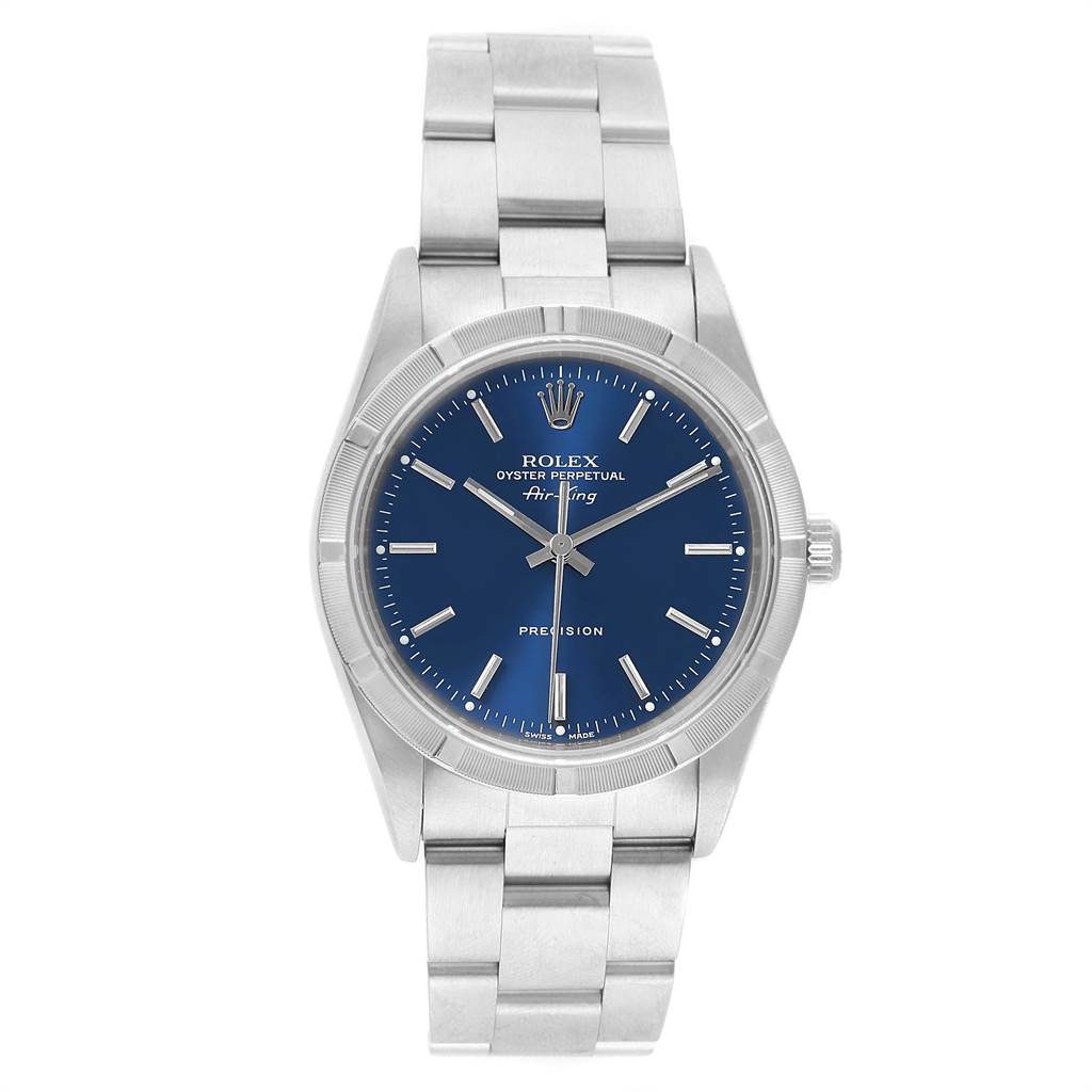 The image shows a front view of a Rolex Air-King 14010 Men's Stainless Steel Blue Dial 14010 Men's Stainless Steel Blue Dial watch, highlighting its blue dial, stainless steel case, and bracelet.
