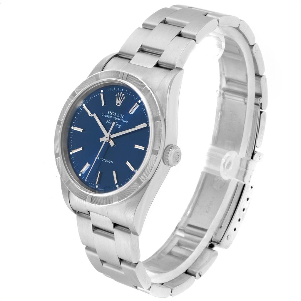 The Rolex Air-King 14010 Men's Stainless Steel Blue Dial 14010 Men's Stainless Steel Blue Dial watch is shown at a three-quarter angle, highlighting its blue dial, stainless steel case, and bracelet.