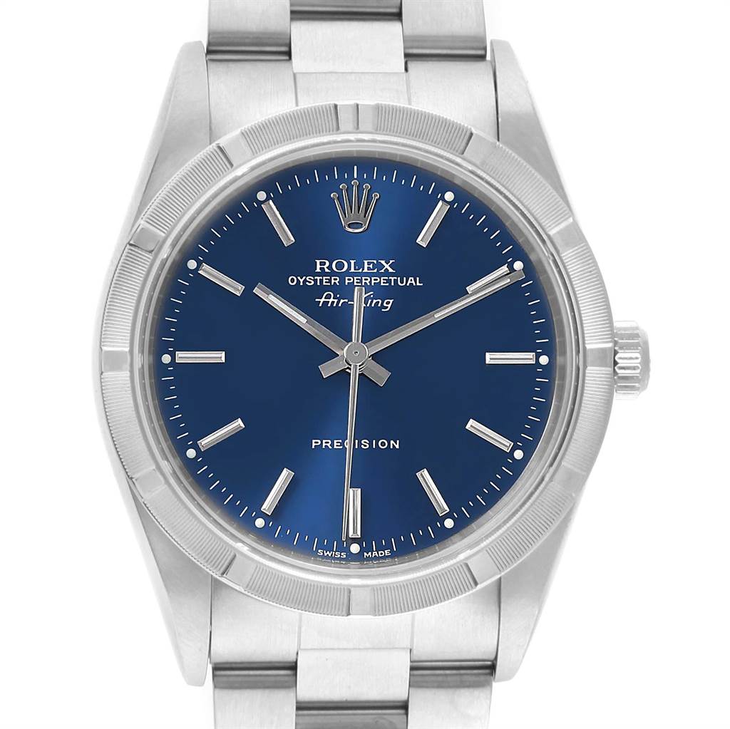 The Rolex Air-King 14010 Men's Stainless Steel Blue Dial 14010 Men's Stainless Steel Blue Dial watch is shown from a front angle, displaying its dial, bezel, lugs, and a portion of the bracelet.