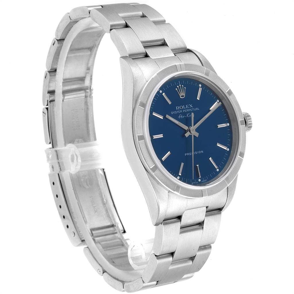 The Rolex Air-King 14010 Men's Stainless Steel Blue Dial 14010 Men's Stainless Steel Blue Dial watch is shown at an angled view highlighting the bracelet, blue dial, and bezel.