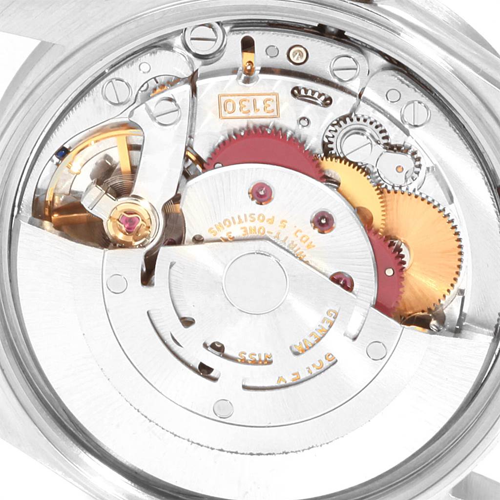 This image shows a close-up view of the internal movement components of a Rolex Air-King 14010 Men's Stainless Steel Blue Dial 14010 Men's Stainless Steel Blue Dial watch.