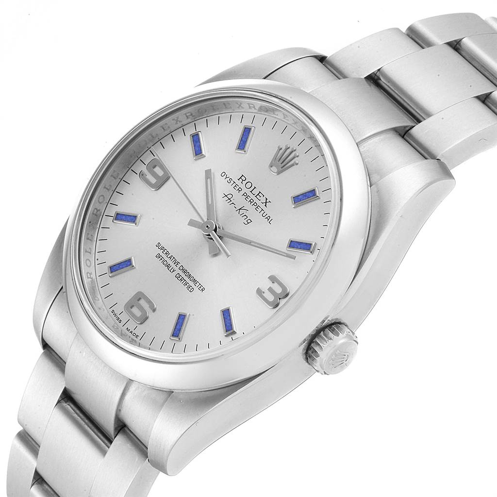 The image shows a Rolex Air-King 114200 Men's Stainless Steel Silver Dial 114200 Men's Stainless Steel Silver Dial watch at a three-quarter angle, highlighting its dial, bracelet, and crown.