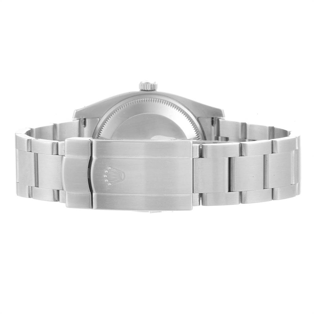 The angle shows the back of the Rolex Air-King 114200 Men's Stainless Steel Silver Dial 114200 Men's Stainless Steel Silver Dial watch, highlighting its bracelet clasp and part of the case back.