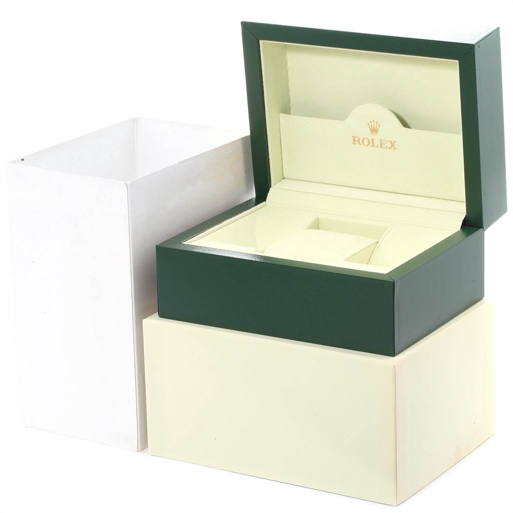 The image shows an open Rolex Air-King 114200 Men's Stainless Steel Silver Dial 114200 Men's Stainless Steel Silver Dial box from an elevated angle, displaying the inner and outer packaging.