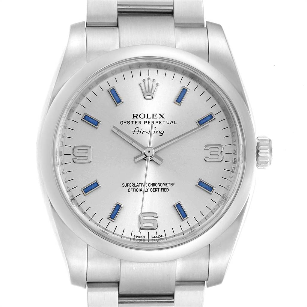 This image shows a front view of the Rolex Air-King 114200 Men's Stainless Steel Silver Dial 114200 Men's Stainless Steel Silver Dial watch, highlighting its dial, hands, and bracelet.